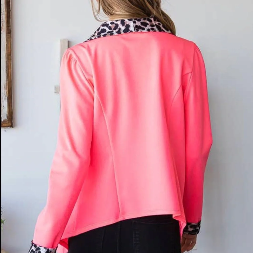1X-3X Elle Pink Leopard Print Open Shawl Blazer-Host Pick - Picture 8 of 12